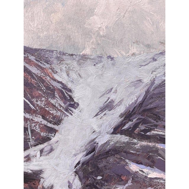 This oil on paper artwork captures the rugged beauty of McCullough Gulch, showcasing a majestic snow-covered mountain...