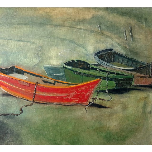 Realism Wooden Boats at the Lake, Oil on Canvas Board, Mid-Century Original For Sale - Image 3 of 5