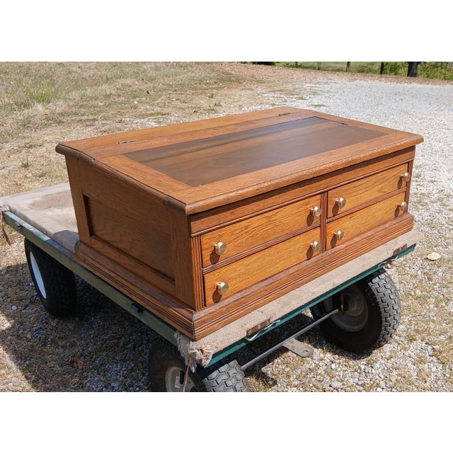 Antique Oak 4 Drawer Lift Top Spool Cabinet Desk 1890s For Sale - Image 4 of 12