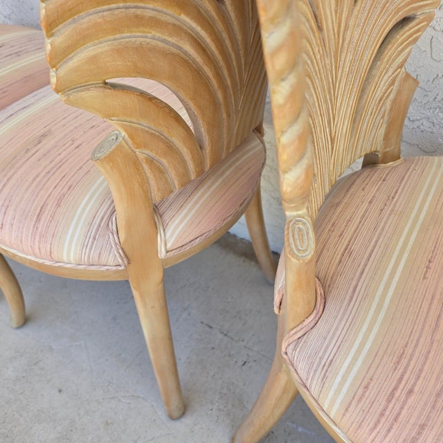 1980s Vintage Venetian Grotto Style Carved Wood Palm Leaf Dining Chairs Set of 4 For Sale - Image 5 of 18
