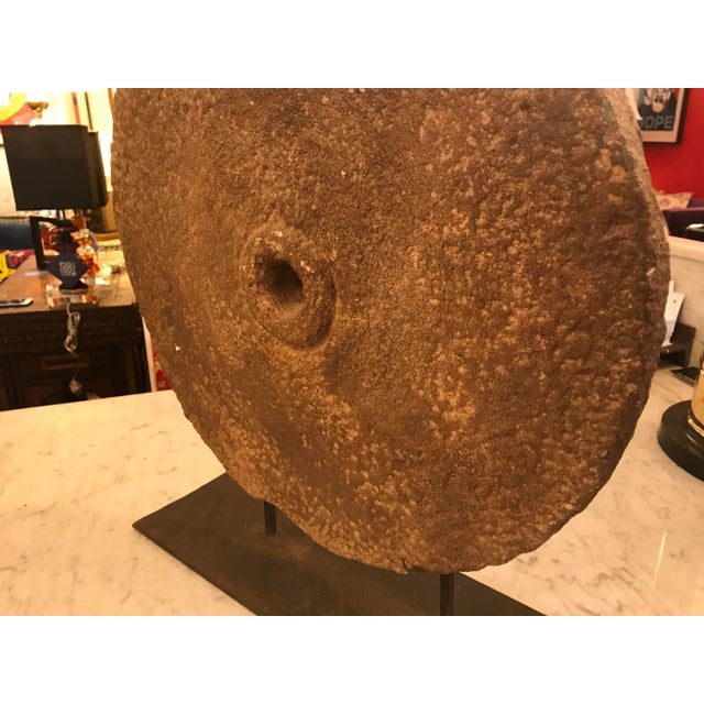 Antique Mill Stone Sculpture Mounted on a Metal Stand For Sale - Image 4 of 7