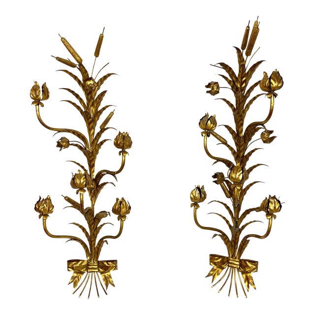 Decorative Italian Gilt Metal Candle Sconces Bulrush Motif - A Pair For Sale