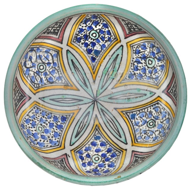 Vintage Orange & Teal Moorish Floral Ceramic Bowl For Sale - Image 4 of 11