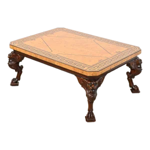 Baker Furniture Neoclassical Cocktail Table With Burl Wood Greek Key Top and Carved Mahogany Lion Legs