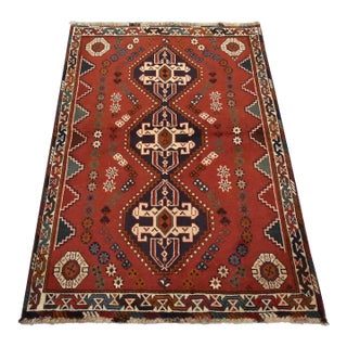 Shiraz Rug 3’9” X 5’3” Red Wool Vintage Tribal Hand-Knotted Oriental Carpet For Sale