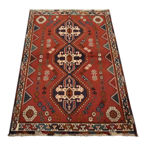 Shiraz Rug 3’9” X 5’3” Red Wool Vintage Tribal Hand-Knotted Oriental Carpet