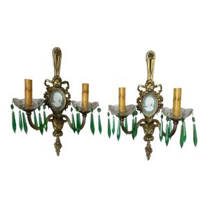 Circa 1910 Original Wedgwood Style Crystal Double Sconces - a Pair