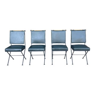 Sculptural Iron X-Frame Dining Chairs in Dark Green Leather – Set of 4 For Sale