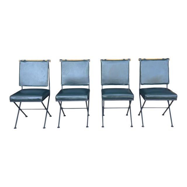 Sculptural Iron X-Frame Dining Chairs in Dark Green Leather – Set of 4 For Sale