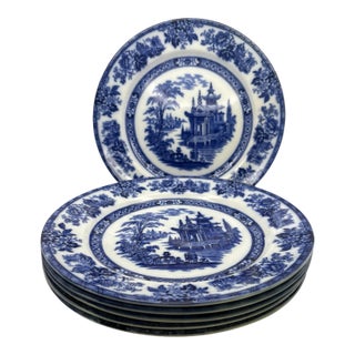 Antique Doulton Madras Pattern Flow Blue Dinner Plates-Set of 6 For Sale