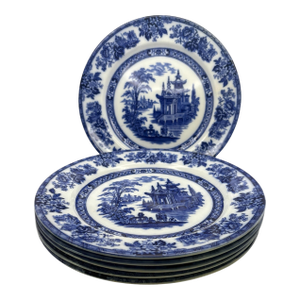 Antique Doulton Madras Pattern Flow Blue Dinner Plates-Set of 6