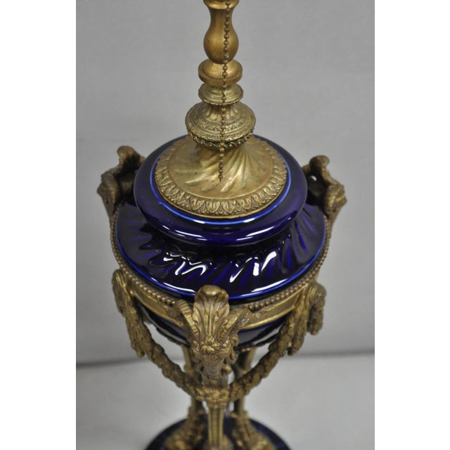 Metal Late 20th Century French Empire Neoclassical Bronze Ram Head Cobalt Blue Porcelain Table Lamp Pair For Sale - Image 7 of 12