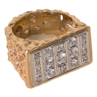 Vintage 14k Gold 1 .25 Carat Diamond Chunky Two Tone Gold Nugget Ring, Size 7.25 For Sale