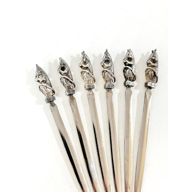 Mid-Century Modern Vintage Silverplate Animal Cocktail Picks – Set of 6 Figural Barware Skewers, Mid Century Entertaining, Holland With Original Box For Sale - Image 3 of 10