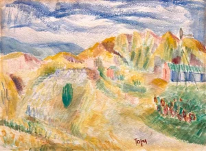 Jennings Tofel, Expressionist Watercolor Landscape Painting Jewish Modernist