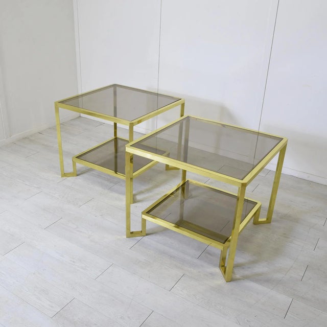 Brass Coffee Tables with Smoked Glass Tops attributed to Guy Lefevre for Maison Janson, 1970s, Set of 2, in Good...