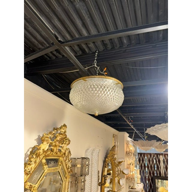 Traditional Early 20th Century French Cut Glass and Gilt Brass Flush Mount Chandelier For Sale - Image 3 of 5