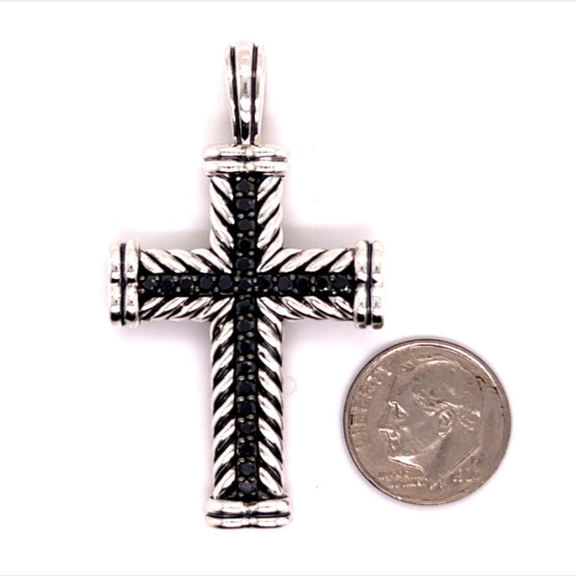 1990s David Yurman Black Diamond Chevron Silver Cross Pendant 16.5g Estate For Sale - Image 12 of 14