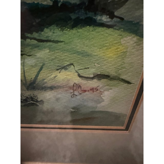 Charming vintage original watercolor landscape on paper, apparently dated 1975 and signed with the artist’s initials...