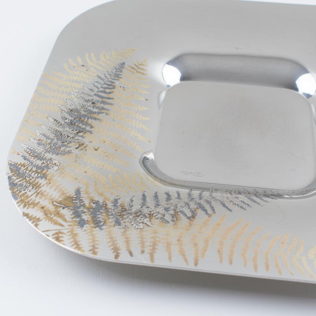 1980s Roberto Sambonet Chrome Centerpiece Serving Bowl Dish With Copper Fern Design For Sale - Image 5 of 8