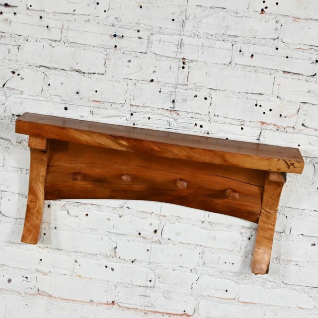Late 20th Century Folk Art Organic Modern Rustic Natural Edge Wood Slab Wall Shelf With Pegs For Sale - Image 12 of 12