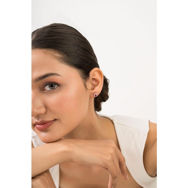 Classic Mozambique Natural Ruby & Diamond Halo Stud Earrings in 14k Yellow Gold- 2 Pieces For Sale - Image 9 of 13