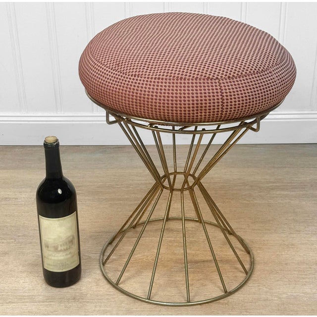 An Original Mid-Century Round Vanity Stool Gold Gilded Aluminum Hour Glass Frame with Great Lines Original Cushion Top...