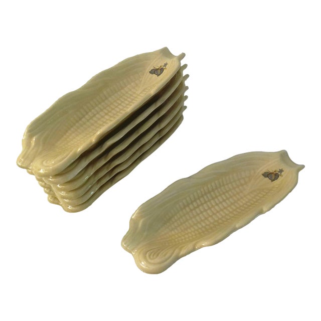 1980s Blue Leaf Ceramic Corn Cob Plates, S/7 For Sale