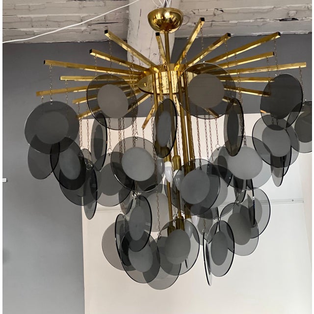 1990s Large Chandelier in Brass with Smoked Murano Glass Discs For Sale - Image 5 of 9