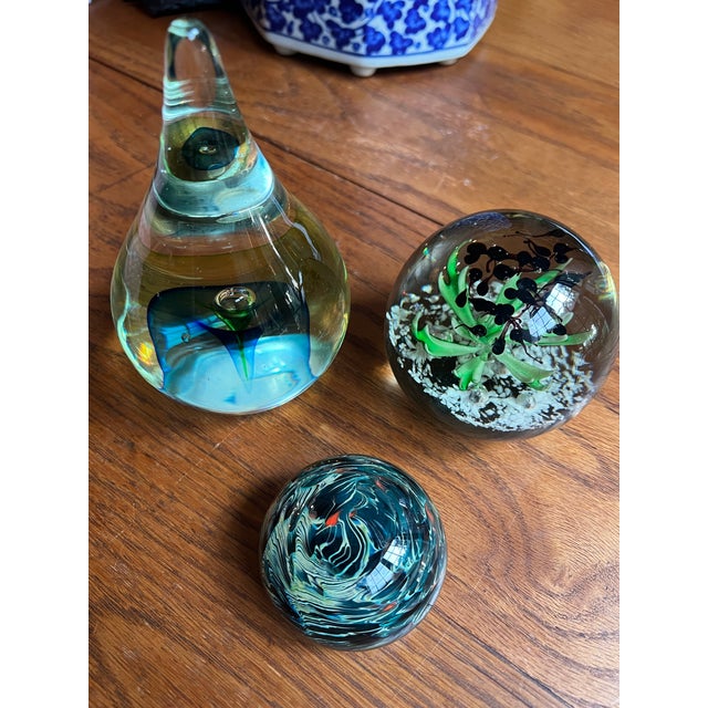 Abstract 1970s Trio of Green and Blue Glass Paperweights For Sale - Image 3 of 12