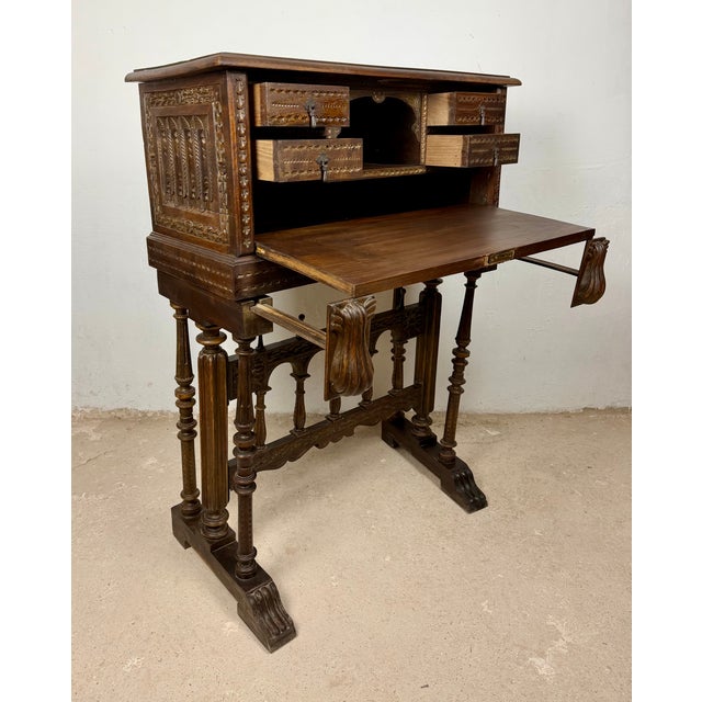 Spanish Carved Wood Bargueño with Figural Decoration, 1940 For Sale - Image 9 of 14