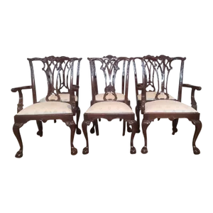 1990s Set of 6 American Drew Mahogany Carved Chippendale Style Dining Chairs Claw & Ball Feet