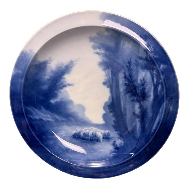 Antique French Hand Painted Porcelain Scenic 15.75" Landscape Charger With Sheep For Sale