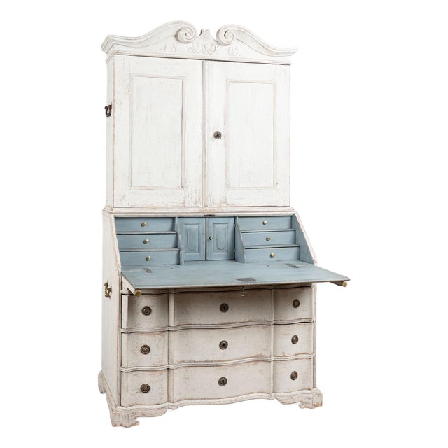 White Painted Danish Oak Tall Secretary Dated 1805 For Sale