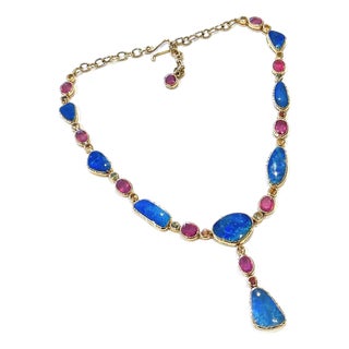 Bochic “Capri” Vintage Ruby & Blue Opal Necklace Set In 18K Gold & Silver For Sale