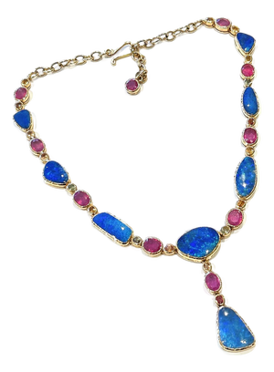 Bochic “Capri” Vintage Ruby & Blue Opal Necklace Set In 18K Gold & Silver