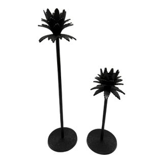 Vintage Black Metal Pine Tree Candleholders, Set of Two For Sale