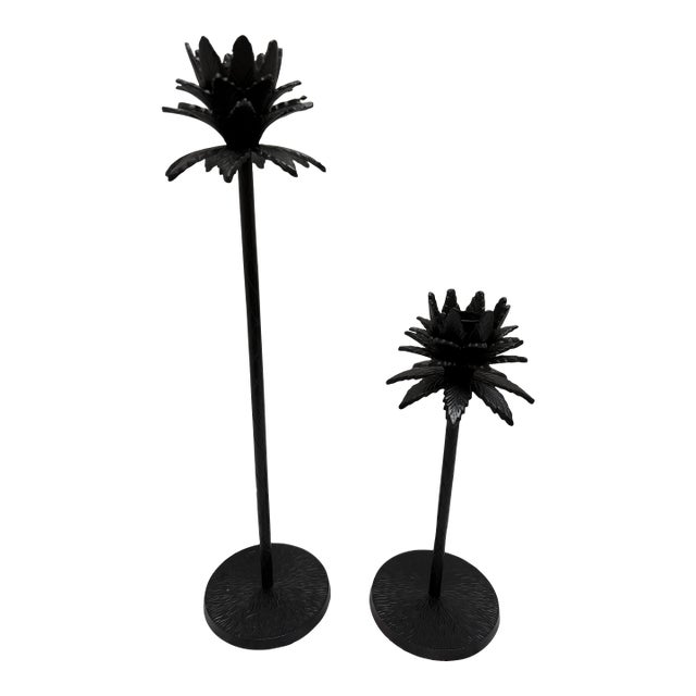 Vintage Black Metal Pine Tree Candleholders, Set of Two For Sale