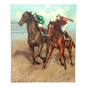 De Voe Signed Impressionist Equestrian Horse Jockeys Oil on Canvas
