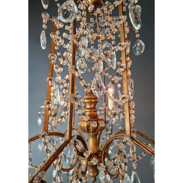 Brass Gilded Iron and Crystal Chandelier Italian Louis XVI Style Antique Neoclassical For Sale - Image 8 of 14