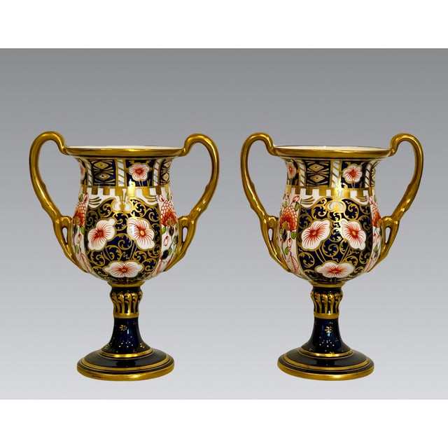 Royal Crown Derby Porcelain Antique Royal Crown Derby 22 Carat Gold Bone China Vases, Urns, Goblets, 1906, England, a Pair For Sale - Image 4 of 14