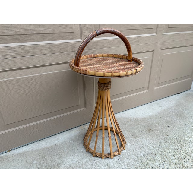 Mid-Century Palm Beach Bamboo & Woven Rattan Drinks Table With Carrying Handle For Sale In South Bend - Image 6 of 12
