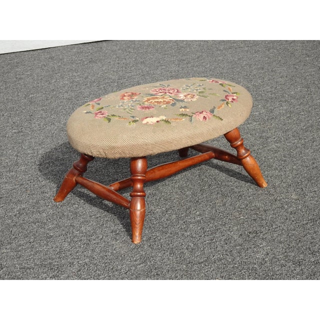 French Country Vintage French Country Tan Needlepoint Floral Tapestry on Oak Turned Legs For Sale - Image 3 of 13