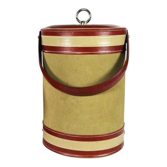 1960 -1970 Mid Century Modern Ice Bucket Signed George Briard Tan & Rust Faux Suede Leather For Sale
