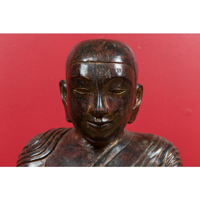 Wood 18th Century Thai Hand Carved Lacquered Wood Sculpture of a Seated Monk For Sale - Image 7 of 13