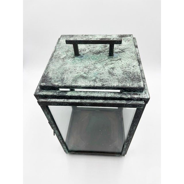 Mid-Century Modern Pair of Vintage Metal With Verdigris Bronze Finish Rectangular Lanterns For Sale - Image 3 of 12
