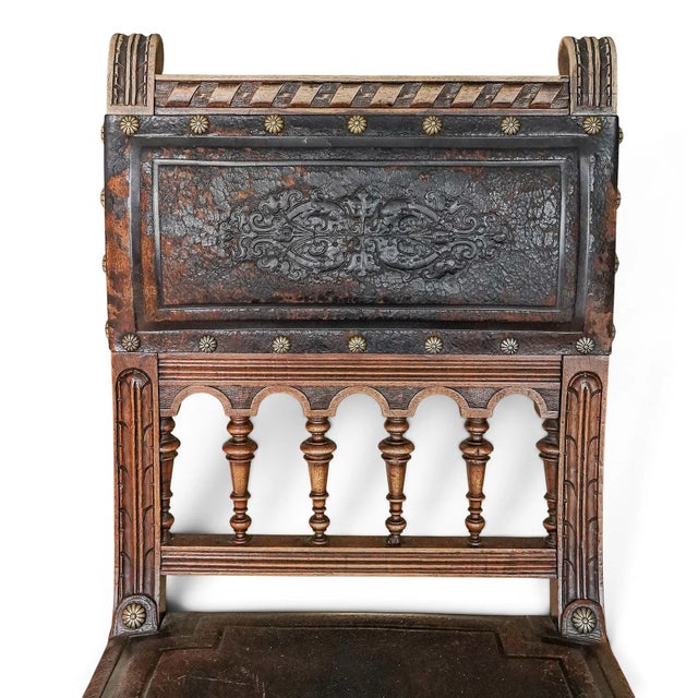 Traditional Set of 10 Antique French Renaissance Revival Chairs - Embossed Leather Chairs For Sale - Image 3 of 5