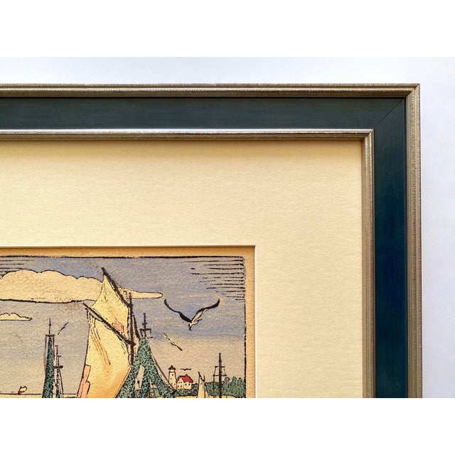 Robert Bruce Rogers Vintage 1932 " Drying Rigging, Provincetown " Waterfront Seascape Framed Original Signed Fine Art Woodblock Print For Sale - Image 9 of 14