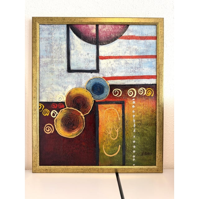 The composition balances structured geometry with fluid, organic elements. Rounded forms, spiral motifs, and linear...