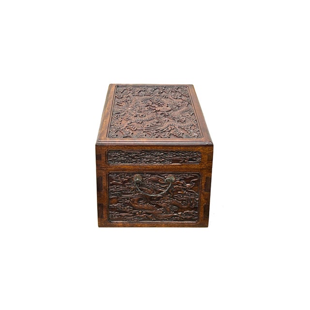 Oriental Dragons Motif Treasure Chest Box Distressed Brown Color Wood For Sale In San Francisco - Image 6 of 12